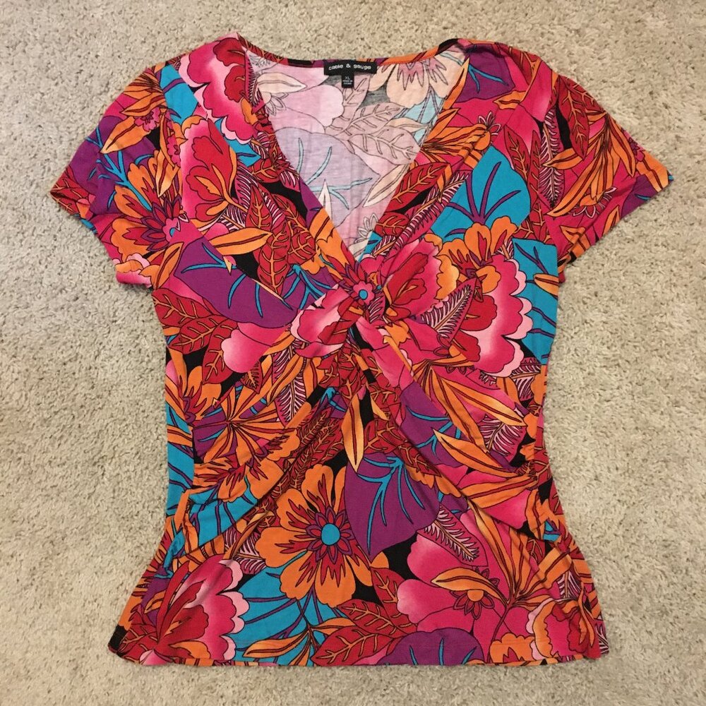 Cable & Gauge Hawaiian Hibiscus Tropical Top Viscose Twist Front XL - Picture 8 of 15